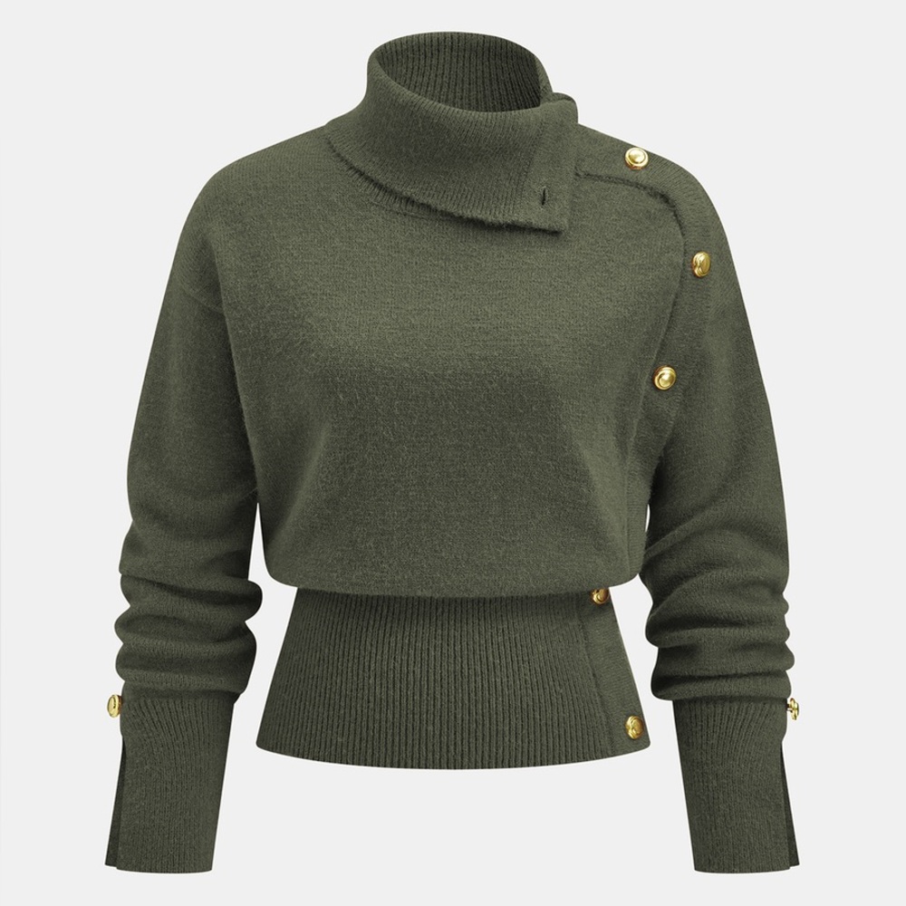 Commense Olive Green Cowl Neck Sweater with Gold Buttons